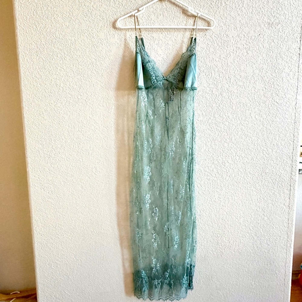 Dreamgirl Y2K Green Sheer Bodycon MAXI LACY  Fitted Stretchy Dress Sz M SEXY